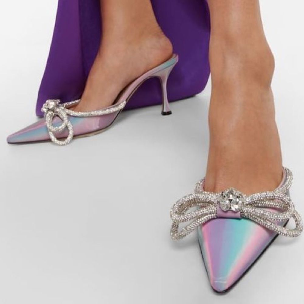 NWT MACH & MACH Pink Iridescent Crystal Embellished Bow Mules Size EU36